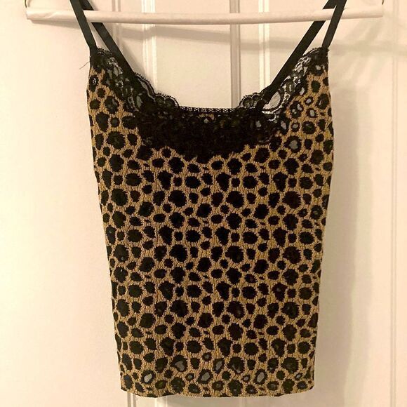 Tops - Leopard Camisole NWOT with Black Lace & Adjustable Straps. Size Small.